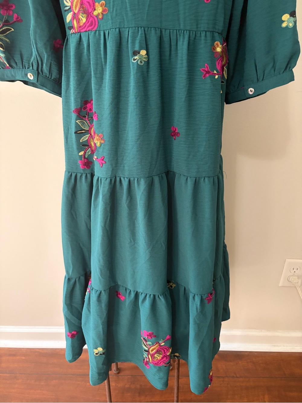 Fig & Flower Teal Floral Embroidered Tiered Midi Dress M- Boho Cottagecore - Picture 7 of 10